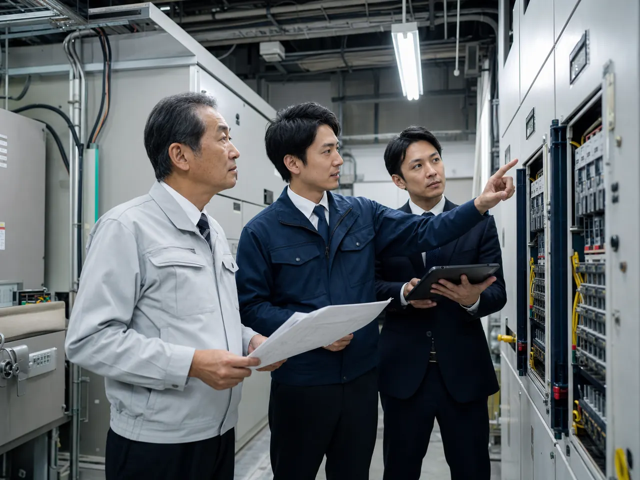 電気工事会社の資料を確認しながらM&A相談を進める様子