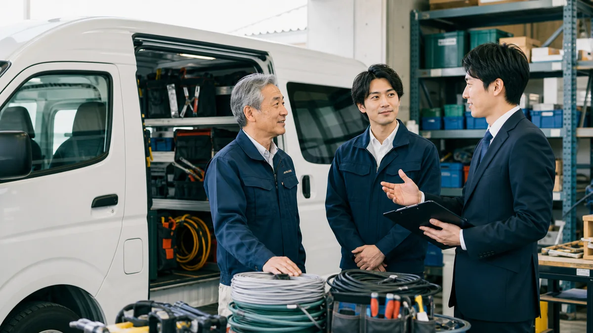 電気工事会社の車両や工具を確認する様子