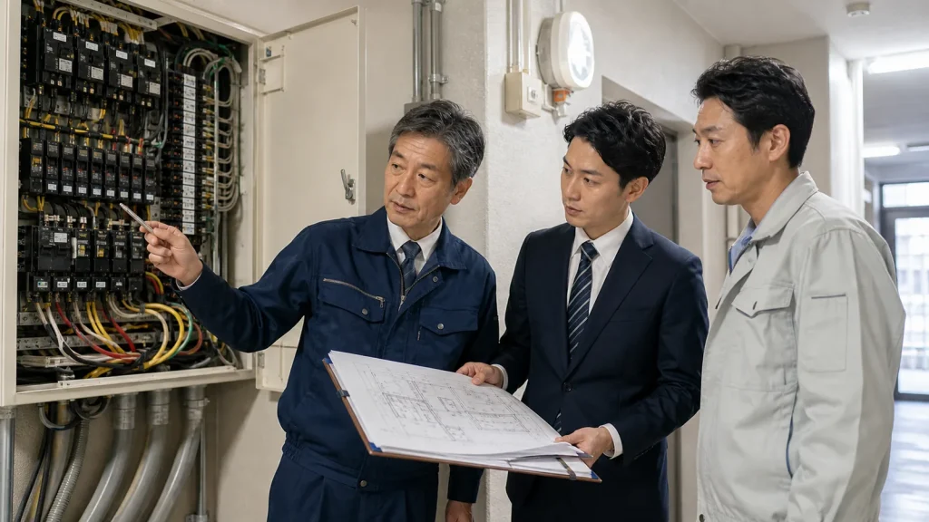 マンション共用部の分電盤を確認しながら電気工事会社の事業承継を相談する様子