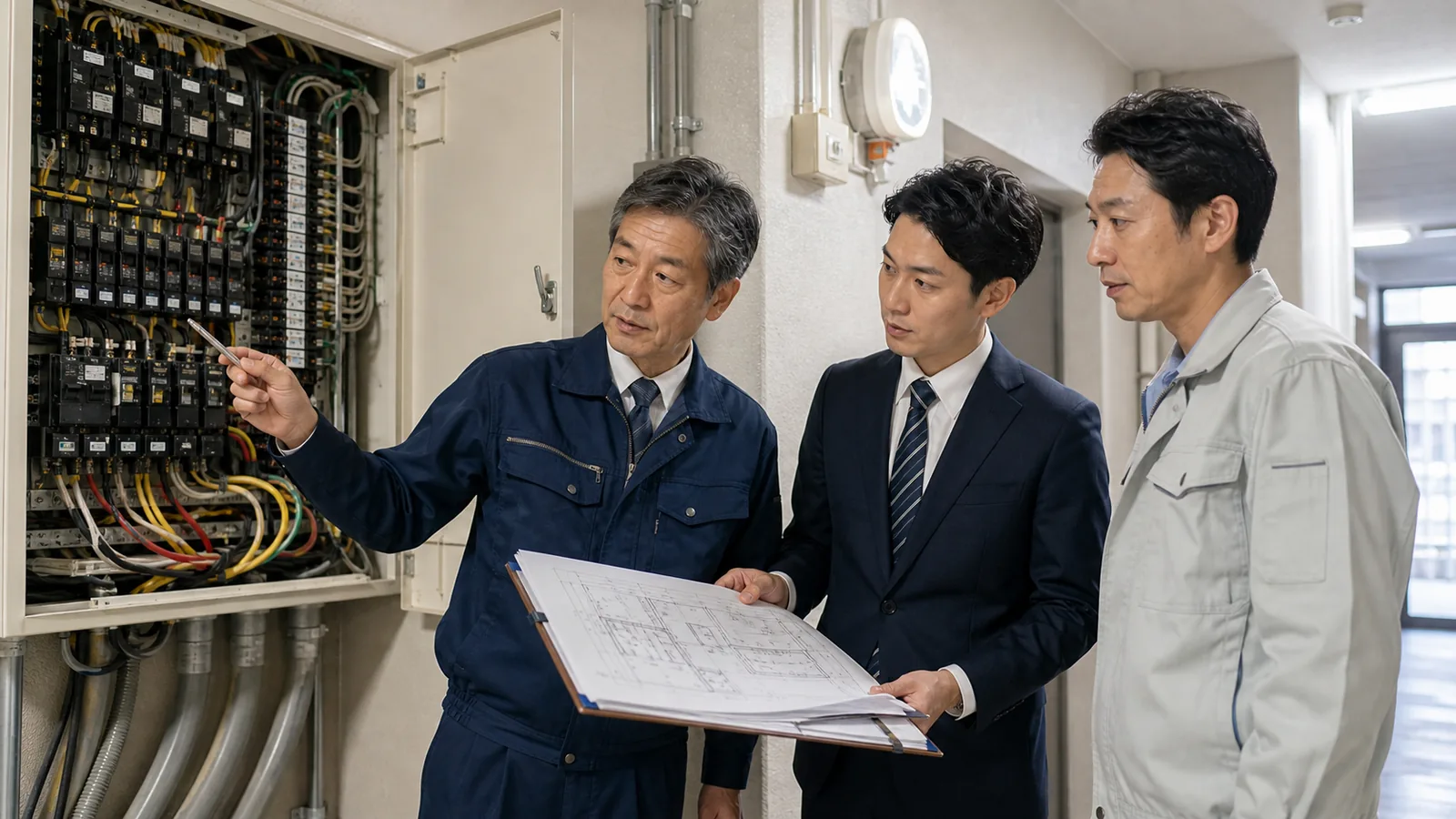 マンション共用部の分電盤を確認しながら電気工事会社の事業承継を相談する様子