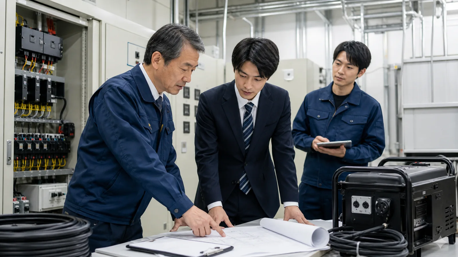 非常用電源と分電盤を確認しながら電気工事会社の事業承継を相談する様子