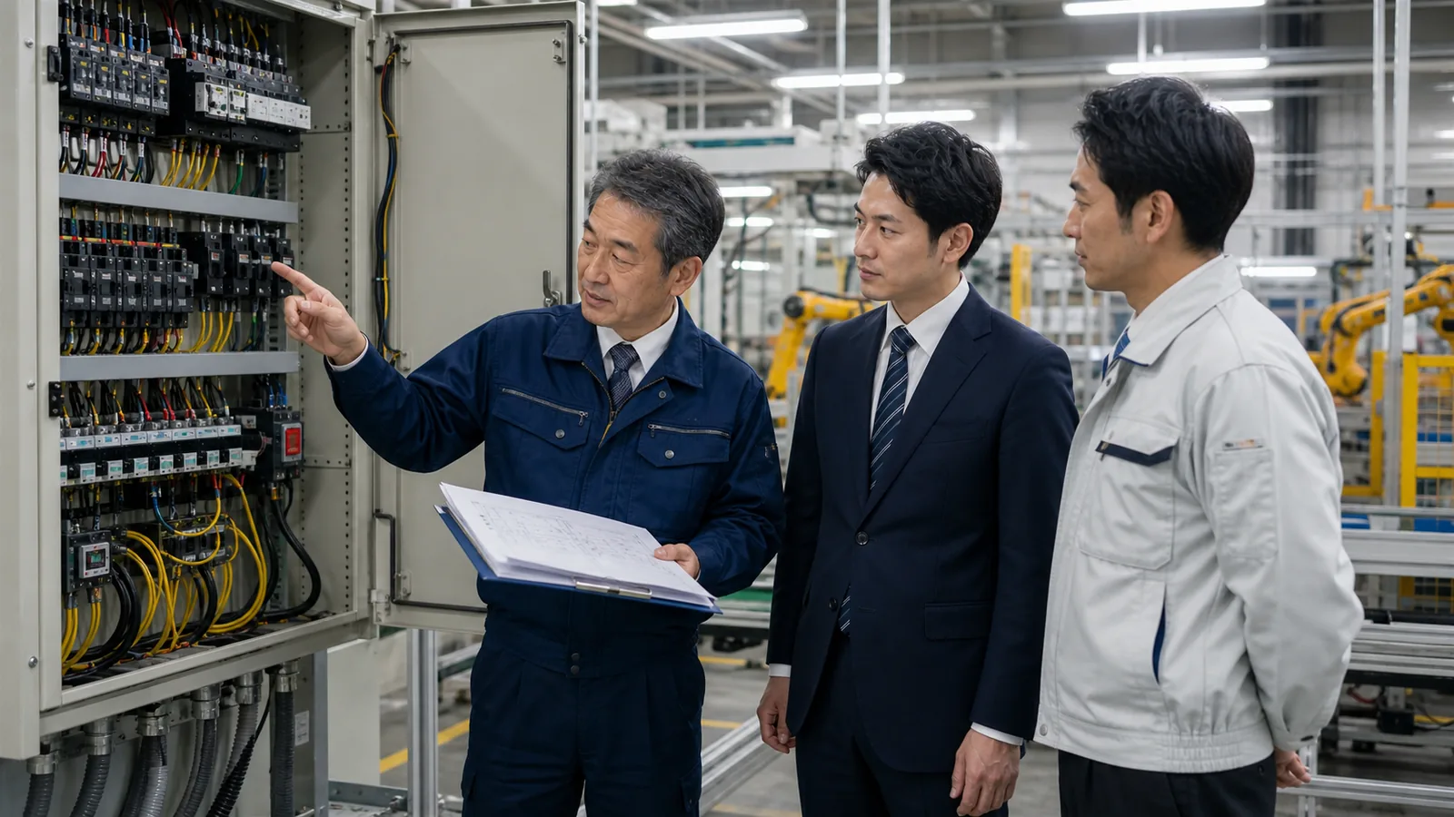 工場の制御盤を確認しながら電気工事会社の事業承継を相談する様子