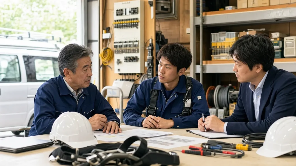 電気工事会社の経営者と若手現場責任者が安全帯やヘルメットのある作業場で労務と安全管理を相談する様子
