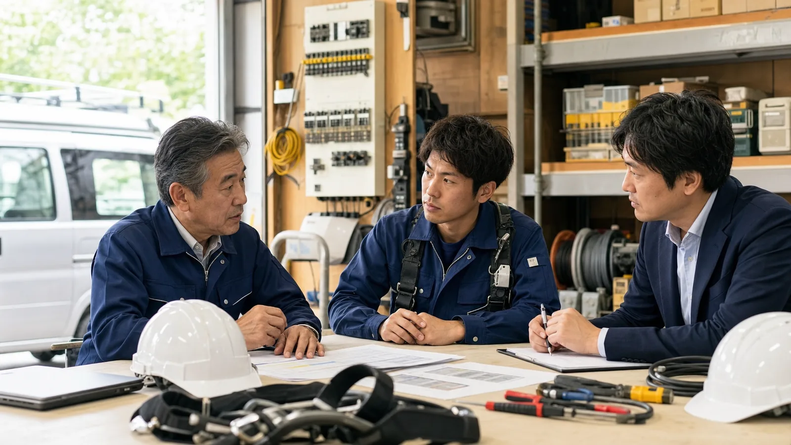 電気工事会社の経営者と若手現場責任者が安全帯やヘルメットのある作業場で労務と安全管理を相談する様子