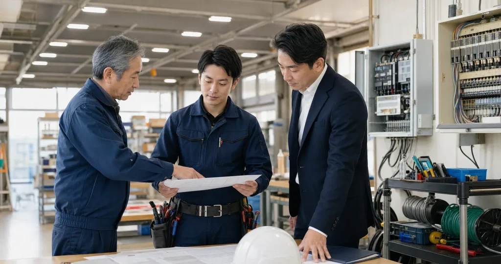 工場内のLED照明と分電盤の前で電気工事会社の経営者と若手技術者が省エネ改修の承継相談をする様子