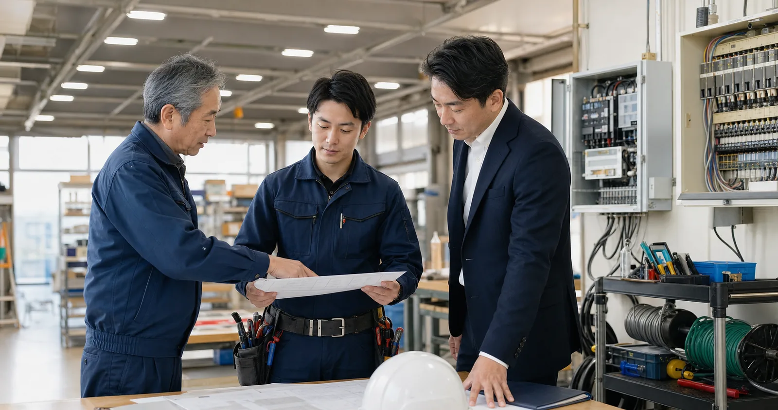 工場内のLED照明と分電盤の前で電気工事会社の経営者と若手技術者が省エネ改修の承継相談をする様子