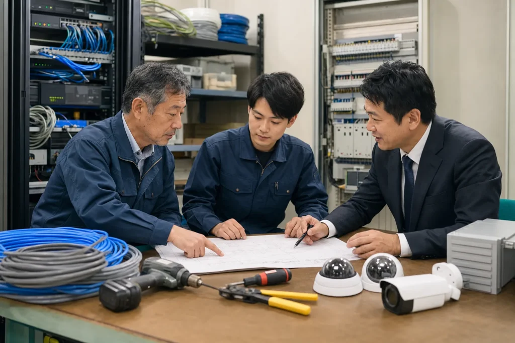 通信設備ラックと防犯カメラ機器の前で電気工事会社の経営者と若手技術者が承継相談をする様子