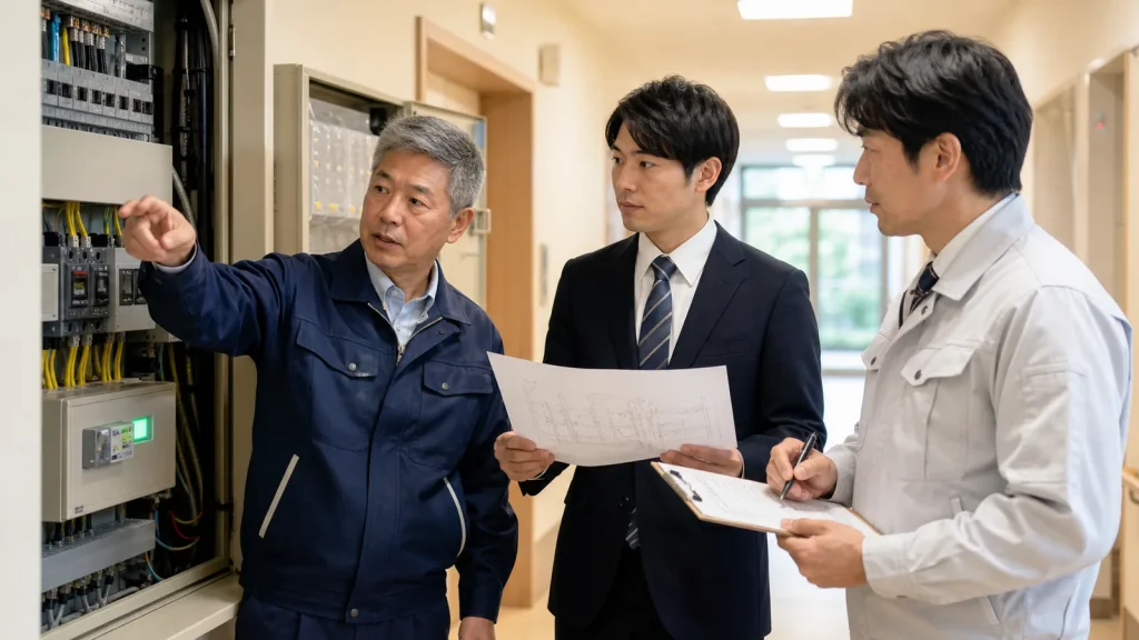 医療・介護施設の分電盤を確認しながら電気工事会社の事業承継を相談する様子