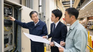 商業施設の分電盤を確認しながら電気工事会社の事業承継を相談する様子