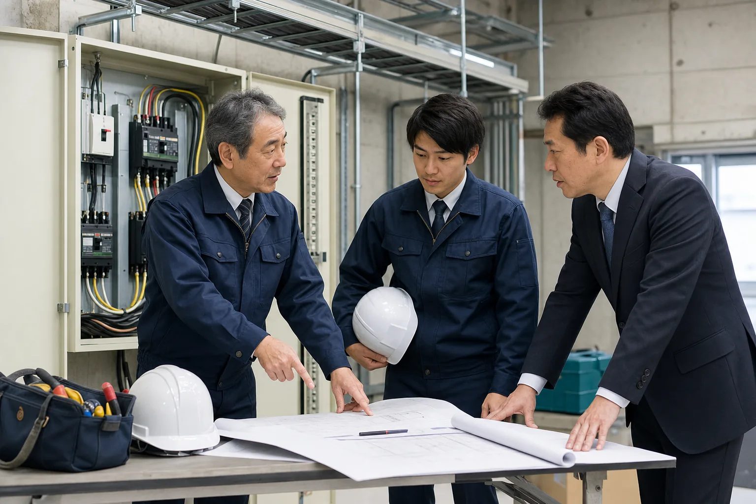 電気工事会社の主任技術者と若手担当者が分電盤の前で施工図面を確認する様子