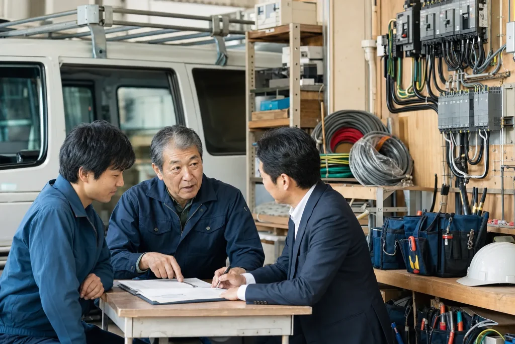 小規模な電気工事会社の経営者と承継候補者が工具と分電盤のある作業場で打ち合わせる様子