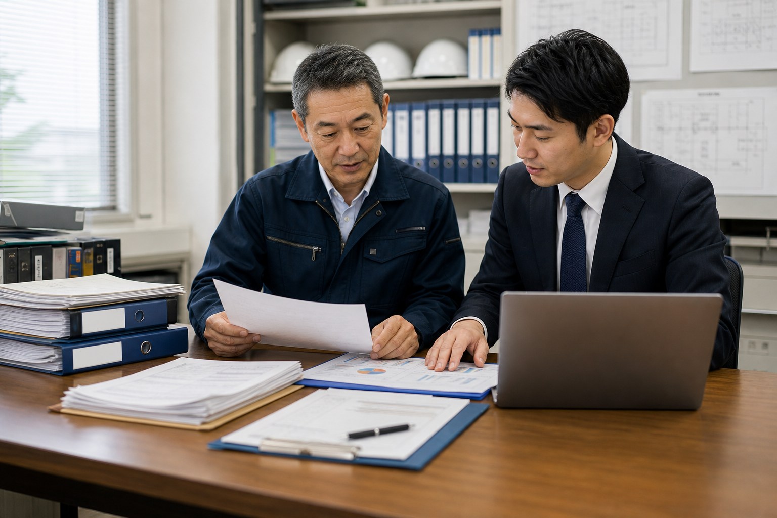 電気工事会社の経営者と支援担当者が許認可や工事資料を確認する様子