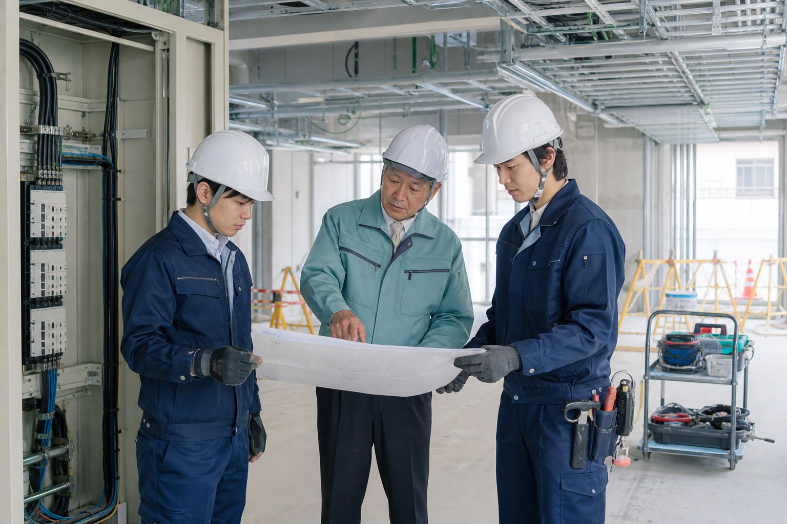 電気工事の現場で施工体制と安全管理を確認する担当者