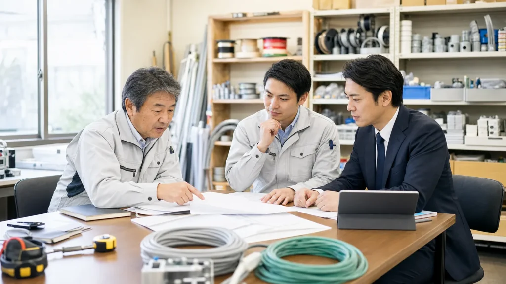 電材仕入と外注費を確認しながら電気工事会社の承継を相談する経営者