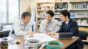 電材仕入と外注費を確認しながら電気工事会社の承継を相談する経営者