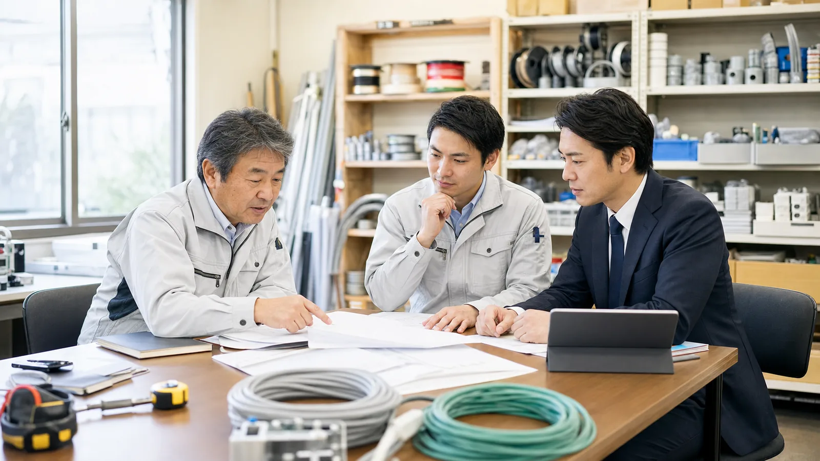電材仕入と外注費を確認しながら電気工事会社の承継を相談する経営者